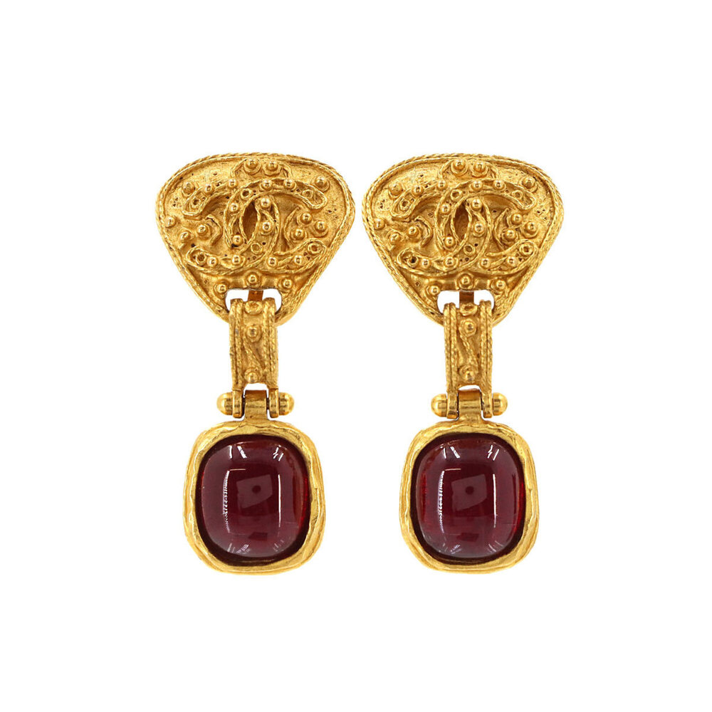 Chanel Gripoix Dangle Earrings, Gold, Bordeaux, 94A, Colored Stone Earrings